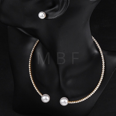 Round Plastic Imitation Pearl Stud Earrings & Rhinestone Cuff Choker Necklaces Sets SJEW-U003-04G-1