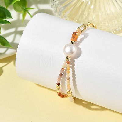Faceted Natural Mixed Gemstone Beaded & Brass Paperclip Chain Bracelets with Natural Pearl for Women BJEW-JB14324-1