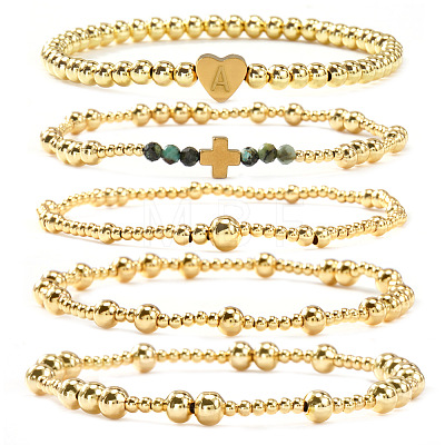 5Pcs Brass & Natural African Turquoise(Jasper) Beads Stretch Bracelets for Women BK1359-1-1