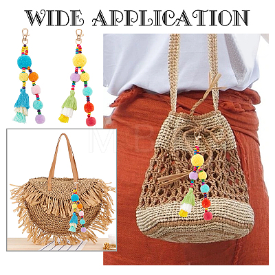 WADORN 2Pcs 2 Colors Colorful Boho Pompom Ball Tassel Polyester Pendant Decorations with Wood Bead for Women AJEW-WR0001-72-1
