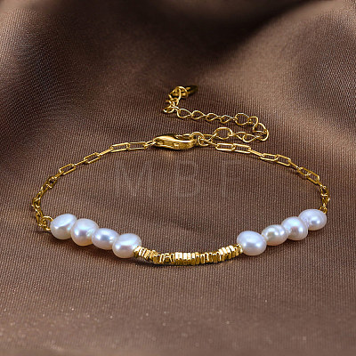 Natural Pearl Beaded Bracelet with 925 Sterling Silver Paperclip Chains BJEW-Z025-06G-1