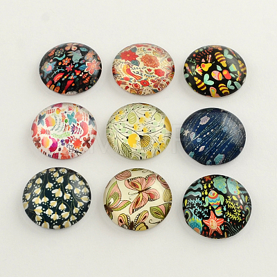 Flatback Half Round Insect and Plants Pattern Glass Dome Cabochons GGLA-R026-8mm-16-1