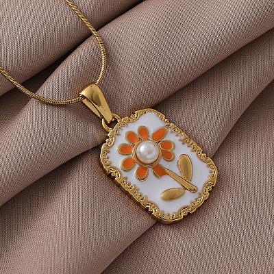 316 Surgical Stainless Steel Enamel with Imitation Pearl Rectangle with Flower Pendant Necklaces for Women ST9494-1