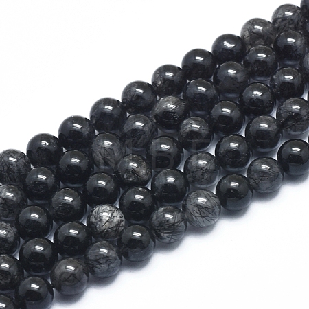 Natural Tourmalinated Quartz/Black Rutilated Quartz  Beads Strands G-D0003-C23-8MM-1