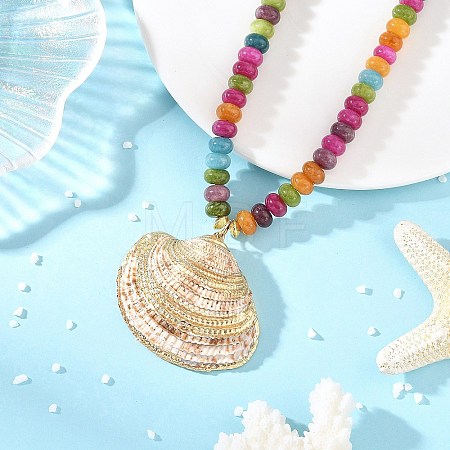 Ocean Electroplated Natural Scallop Shell Pendant Dyed Natural White Jade Rondelle Braided Bead Necklaces NJEW-JN06445-01-1