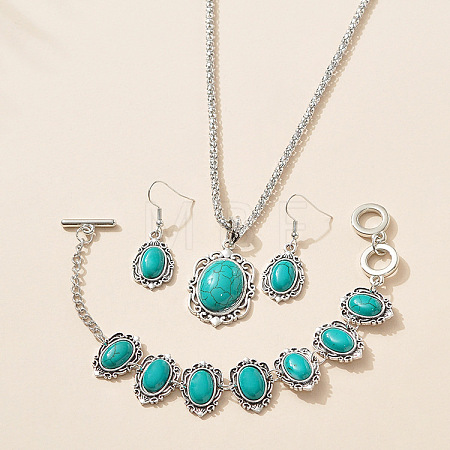 Bohemian Style Oval Synthetic Turquoise Pendant Necklace & Dangle Earrings & Link Bracelets FS-WGA6DB3-01-1