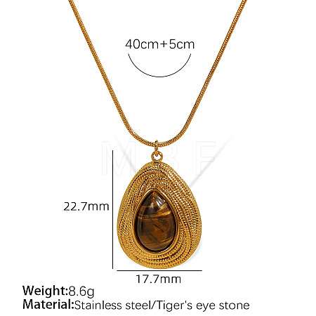 304 Stainless Steel with Natural Tiger Eye Teardrop Pendant Round Snake Chain Necklaces for Women FS-WGB55D1-03-1