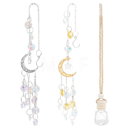 2Pcs 2 Styles Moon Glass & Alloy Hanging Suncatchers AJEW-NB0008-74-1