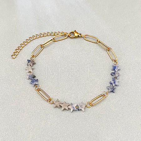 Natural Blue Spot Jasper Star Beaded Bracelets with 304 Stainless Steel Paperclip Chains WGC91F5-01-1