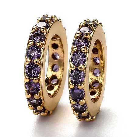 Brass Micro Pave Cubic Zirconia Rondelle European Beads KK-B028-18G-C-1