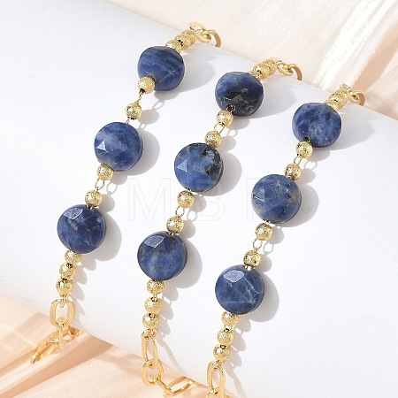 Natural Sodalite Faceted Flat Round Beaded Brass Paperclip Chain Bracelets GG-CBA37F5-02G-13-1