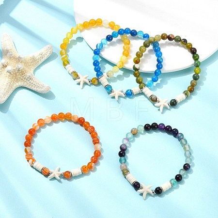 Natural Striped Agate/Banded Agate & Synthetic Turquoise Beads Stretch Bracelets for Women BJEW-JB13811-1
