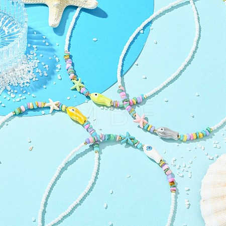 Ocean Synthetic Turquoise Starfish & Handmade Porcelain Fish & Glass Seed Beaded Necklaces for Women NJEW-JN06221-1