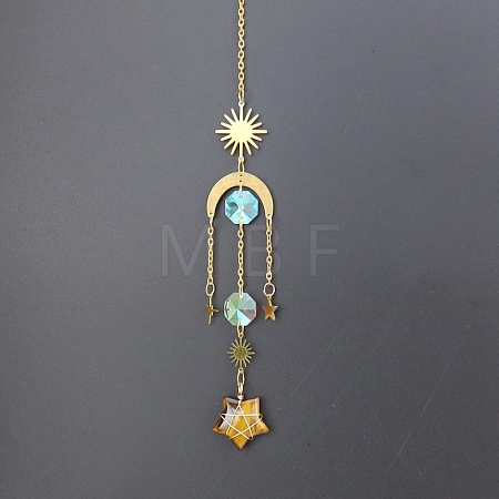 Natural Tiger Eye Star Sun Catcher Hanging Ornaments with Brass Sun HJEW-PW0002-13E-1