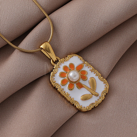 316 Surgical Stainless Steel Enamel with Imitation Pearl Rectangle with Flower Pendant Necklaces for Women ST9494-1