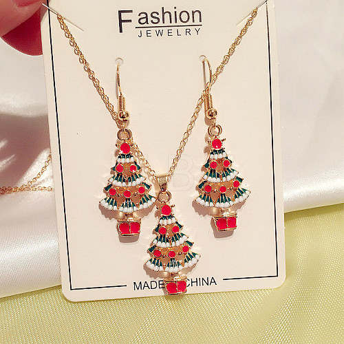 Christmas Tree Alloy Enamel Pendant Necklaces & Dangle Earrings Sets WG2E782-01-1