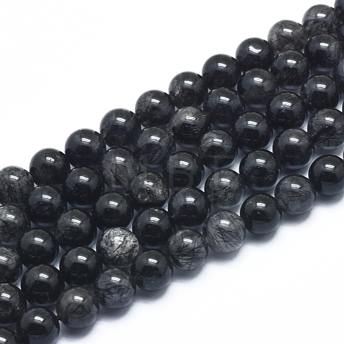Natural Tourmalinated Quartz/Black Rutilated Quartz  Beads Strands G-D0003-C23-8MM-1