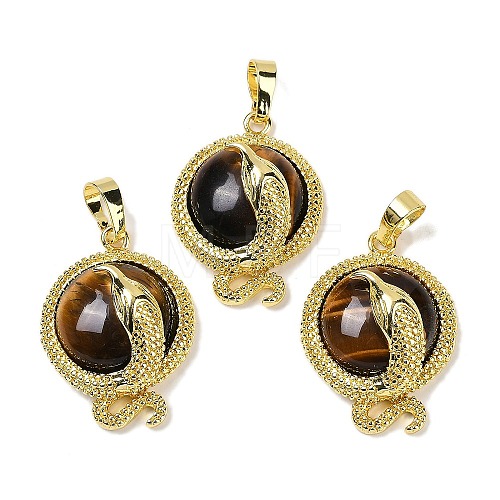 Natural Tiger Eye Flat Round Shaped Brass Pendants KK-F887-03G-25-1