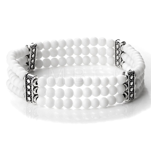 Round Natural White Jade & Alloy Multi-Strand Beaded Stretch Bracelets for Women Men GQ0306-5-1