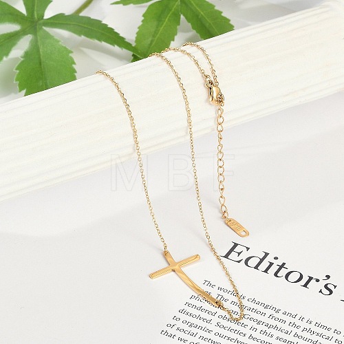 Ion Plating(IP) 304 Stainless Steel Religion Curved Cross Pendant Cable Chain Necklaces for Women NJEW-P320-13G-1