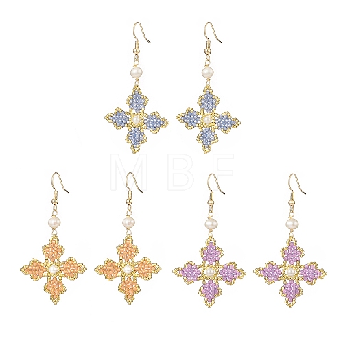 Glass Seed Beaded Cross Fleury Dangle Earrings with Round Shell Pearl EJEW-MZ00033-1