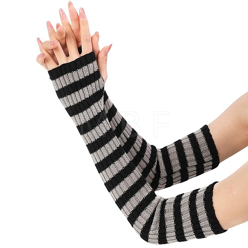 Stripe Acrylic Fibers Knitting Long Fingerless Gloves PW-WG9BE2E-03-1