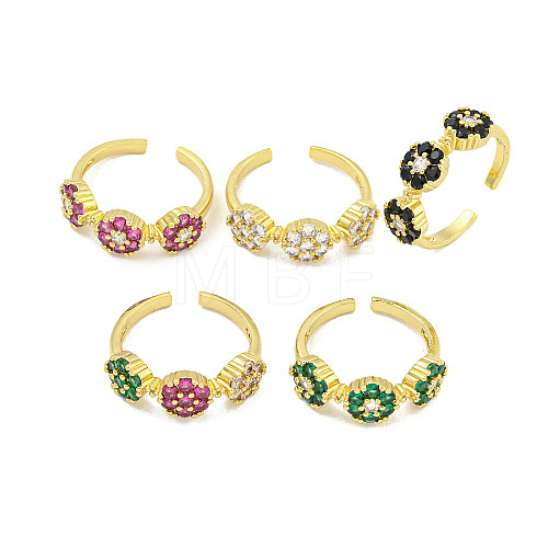 Rack Plating Brass Micro Pave Cubic Zirconia Flower Open Cuff Rings for Women RJEW-F162-04G-1
