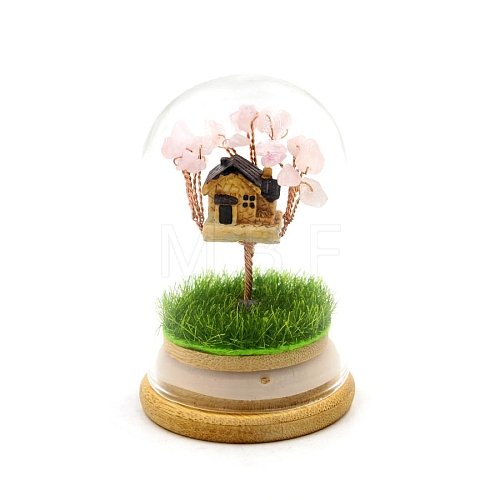 Natural Rose Quartz Chips Tree and Mini House in Dome Glass Bell Jars with Wood Base Display Decorations PW-WG927DE-02-1