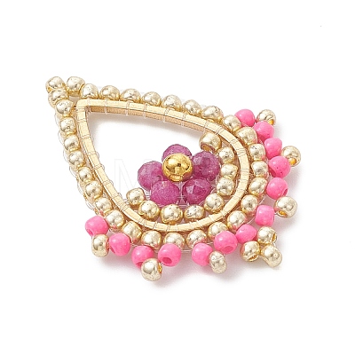 Faceted Round Natural Ruby & Glass Seed Beaded Pendants PALLOY-MZ01097-02-1