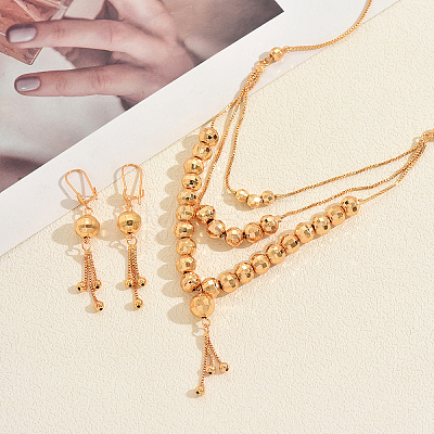 Vintage Brass Round Beaded Tassel Multi-layer Necklace & Earrings for Women JG6076-1