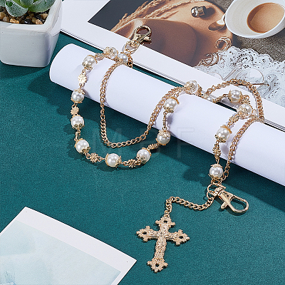 1Pc Alloy & Iron & Round White Imitation Pearl Link Chain Double Layer Cross Charm Pants Chains HJEW-ME0002-24-1