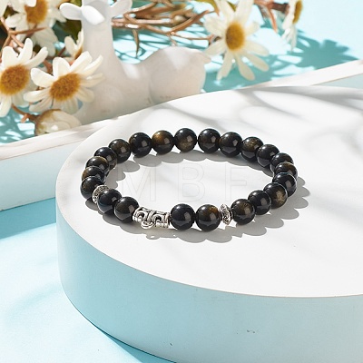 Natural Golden Sheen Obsidian Stretch Bracelet with Alloy Beads BJEW-JB08017-02-1