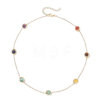 7 Chakra Natural Mixed Stone Round Beads Brass Cable Chain Necklaces NJEW-TA00235-1