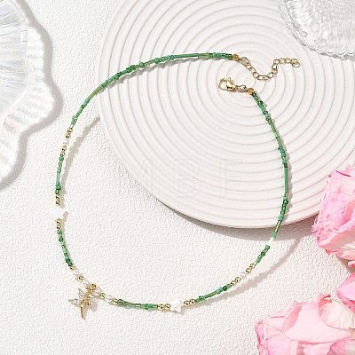 Brass Pave Clear Cubic Zirconia Fairy Pendant Round Shell Pearl & Flower Natural Freshwater Shell & Glass Seed Beaded Necklaces for Women NJEW-JN05643-1