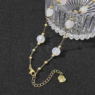 Natural White Agate Faceted Flat Round Beaded Chain Necklaces with Matte Brass Beads GG-CBA37F5-01G-02-1