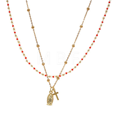 Red Glass Beaded Chain Double Layer Necklaces with Stainless Steel Religion Virgin Cross Pendant QR8888-1-1