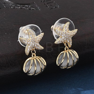 Shell Shape Brass Clear Cubic Zirconia Stud Earrings EJEW-D301-02G-1