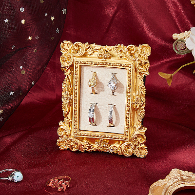 4-Slot Photo Frame Resin Finger Ring Organizer Holder with Cotton and Linen Mat and Iron Support RDIS-WH0016-20-1
