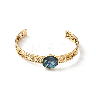 2Pcs 2 Colors Natural Abalone Shell Paua Shell 304 Stainless Steel Hollow Open Cuff Bangle Sets with Enamel BJEW-JB14486-02-1