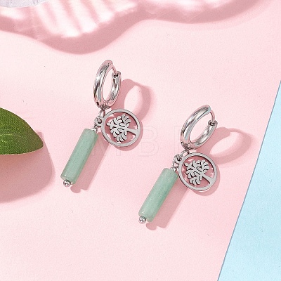 304 Stainless Steel Green Aventurine Column Hoop Earrings EJEW-JE06791-01-1