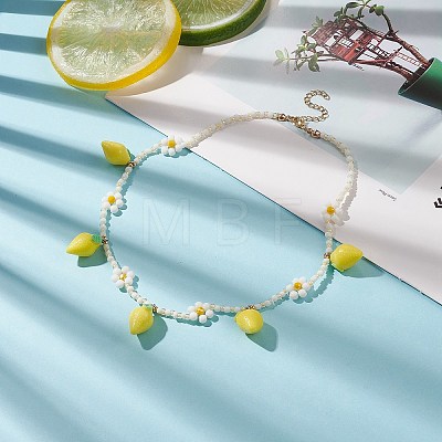 Resin Lemon Pendant Necklace with Glass Beaded Flower Chains for Women NJEW-TA00057-1