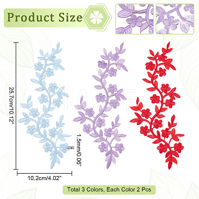  6Pcs 3 Colors Plum Blosssom Cotton Computerized Embroidery Sew on Patches PATC-NB0001-08A-1