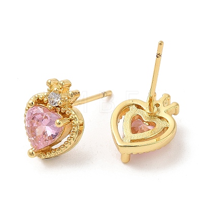 Rack Plating Brass Crown with Love Stud Earrings with Cubic Zirconia EJEW-D061-60G-1