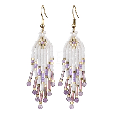 Woven Seed Beads & Natural Gemstone Tassel Earrings EJEW-MZ00154-1