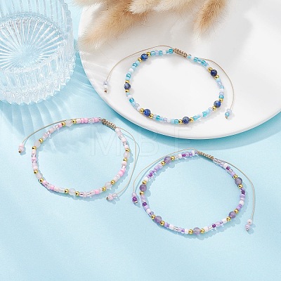 3Pcs 3 Color Natural Mixed Gemstone & Glass Seed Braided Bead Bracelets Set BJEW-JB09536-1