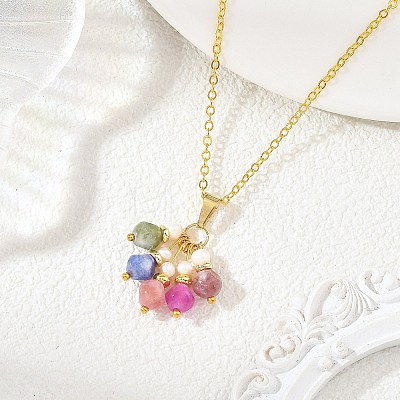 Natural Multicolor Tourmaline Dice Tassel Pendant Brass Cable Chain Necklaces with Natural Pearl for Women NJEW-JN06472-1
