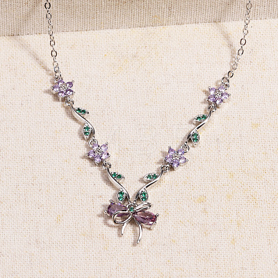 Brass Pave Cubic Zirconia Flower Bowknot Pendant Necklaces for Women WGA7CA3-04-1