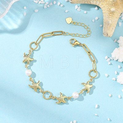 Ocean 304 Stainless Steel Starfish Link Chain Bracelets with Natuarl Pearl for Women BJEW-JB14332-1