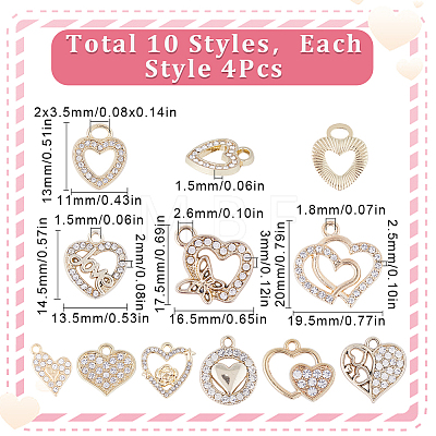 40Pcs 10 Style Alloy Crystal Rhinestone Pendants ALRI-SC0001-35G-1