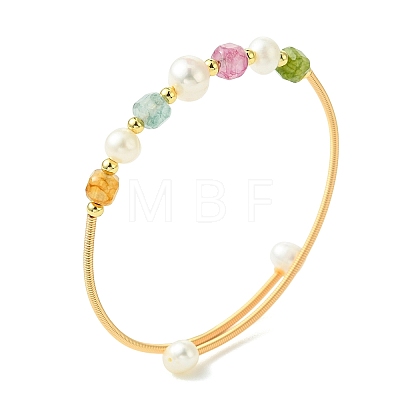 Copper French Wire & Round Natural Multicolor Tourmaline & Cultured Freshwater Pearl Cuff Bangle for Women BJEW-JB13991-1